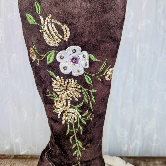 "Splash" Brown Embellished & Embroidered Floral Heeled Boots - Picture 9 of 12